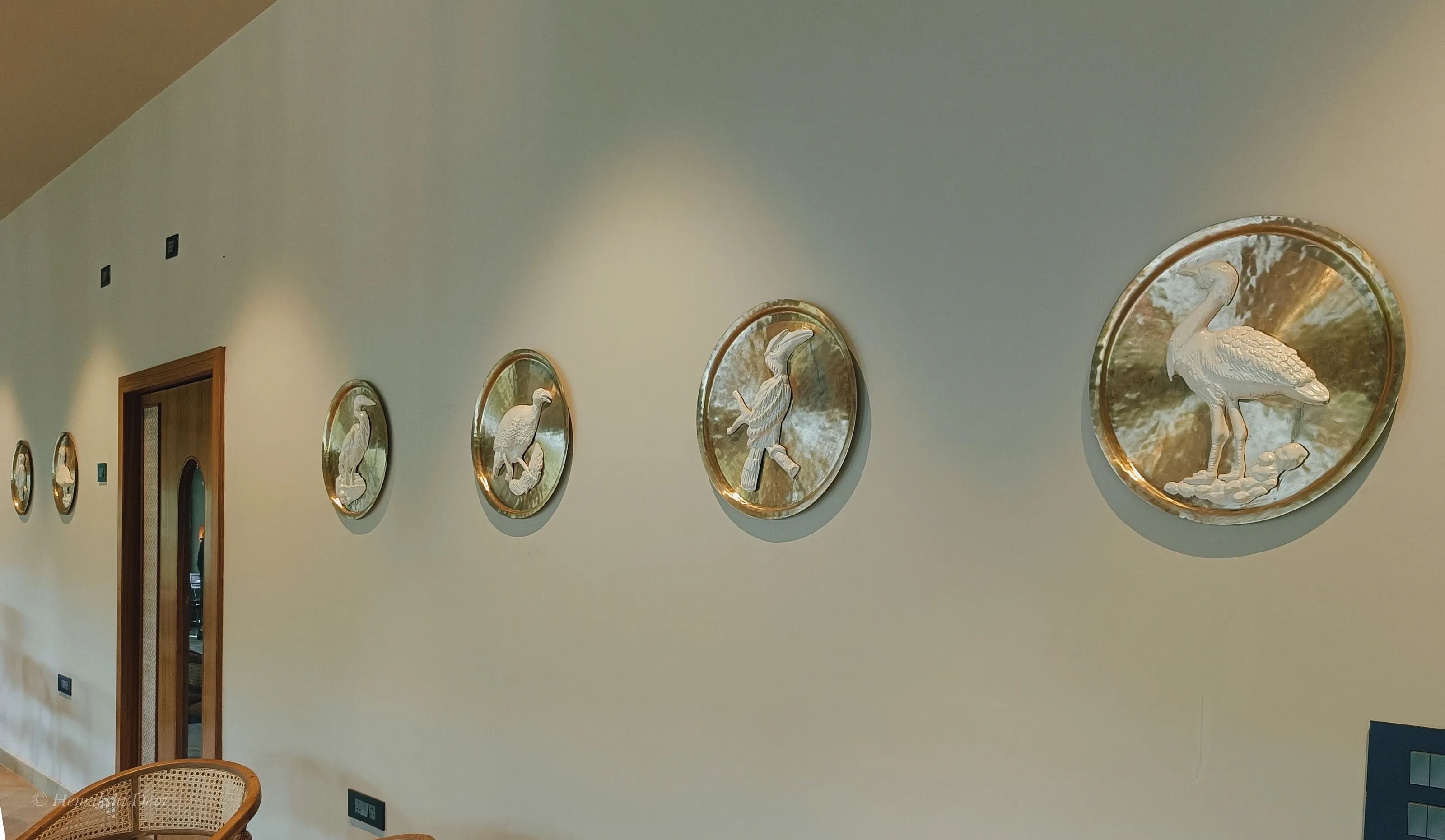 Row of bell-metal medallions with Kaziranga bird reliefs along the Jakoi corridor wall